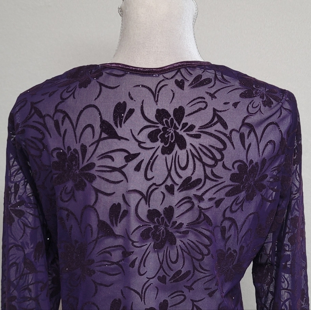 Goth Vintage 90s Sheer Purple Silver Metallic Floral Velvet Tie Front Cardigan L - Picture 9 of 11